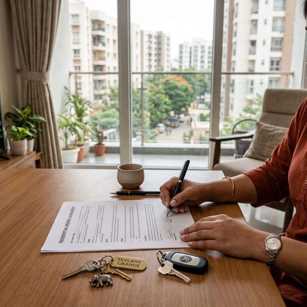 Person reviewing a rental agreement document with apartment keys on the table